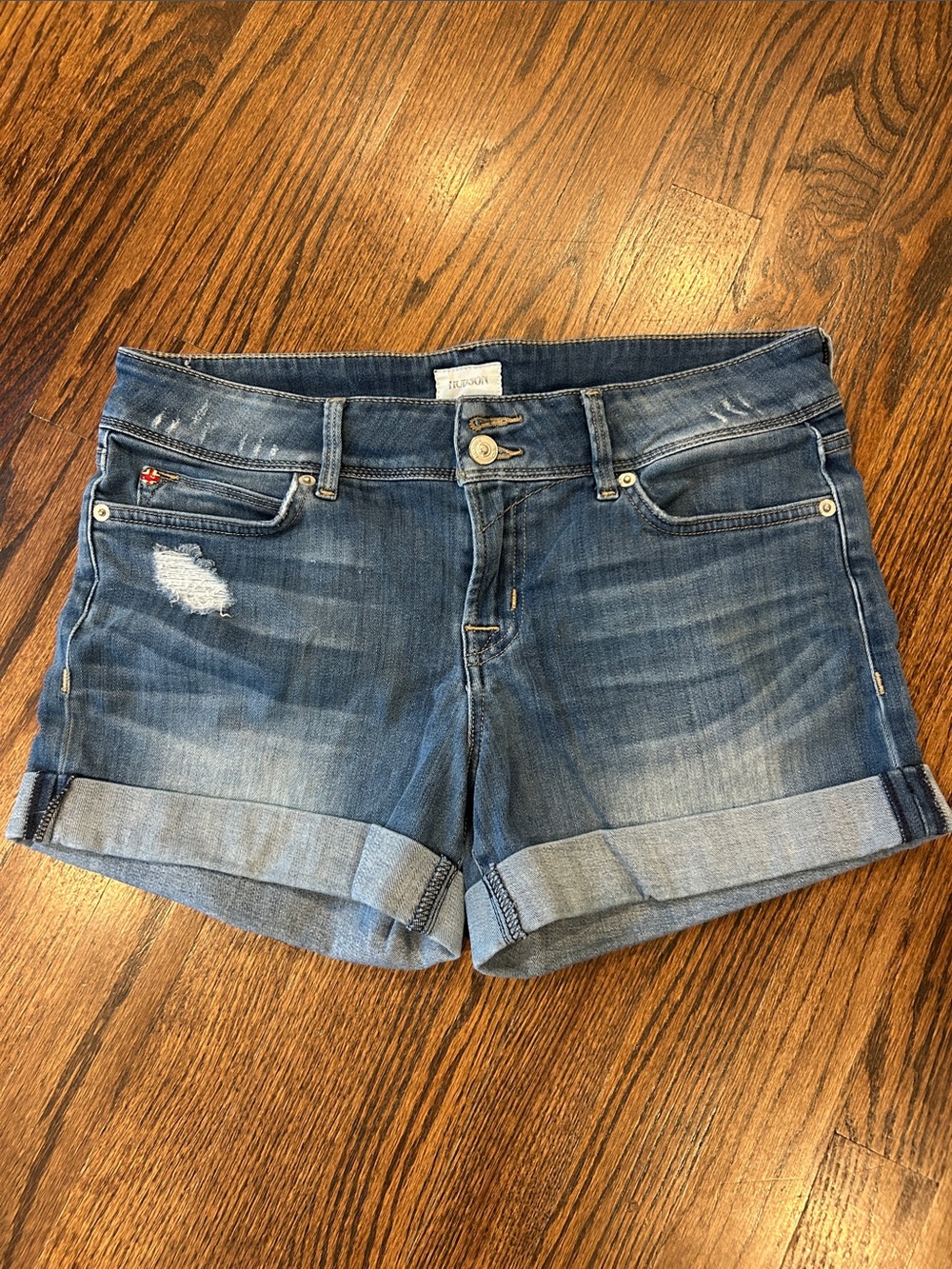 Hudson Jeans Distressed Cuffed Denim Shorts in Blue